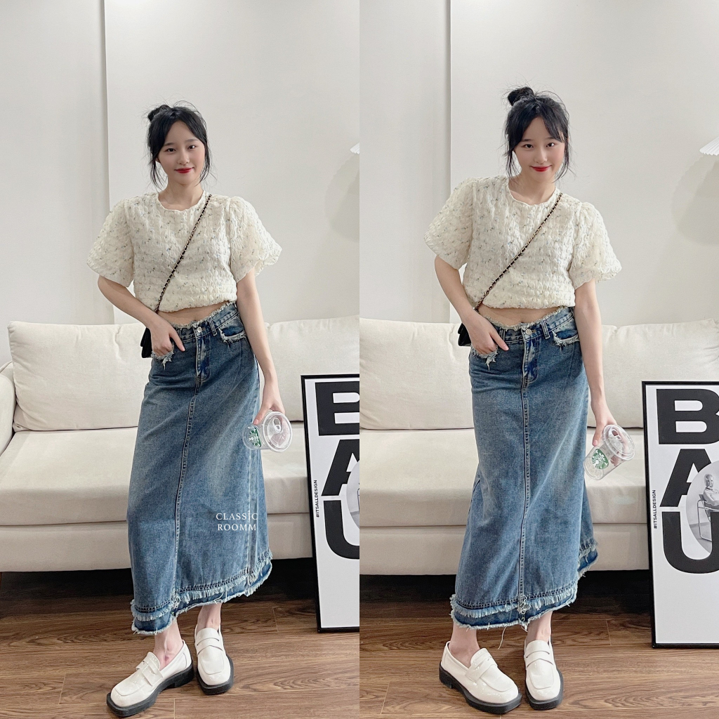 Chân váy Denim dài dáng chữ A phong cách Retro