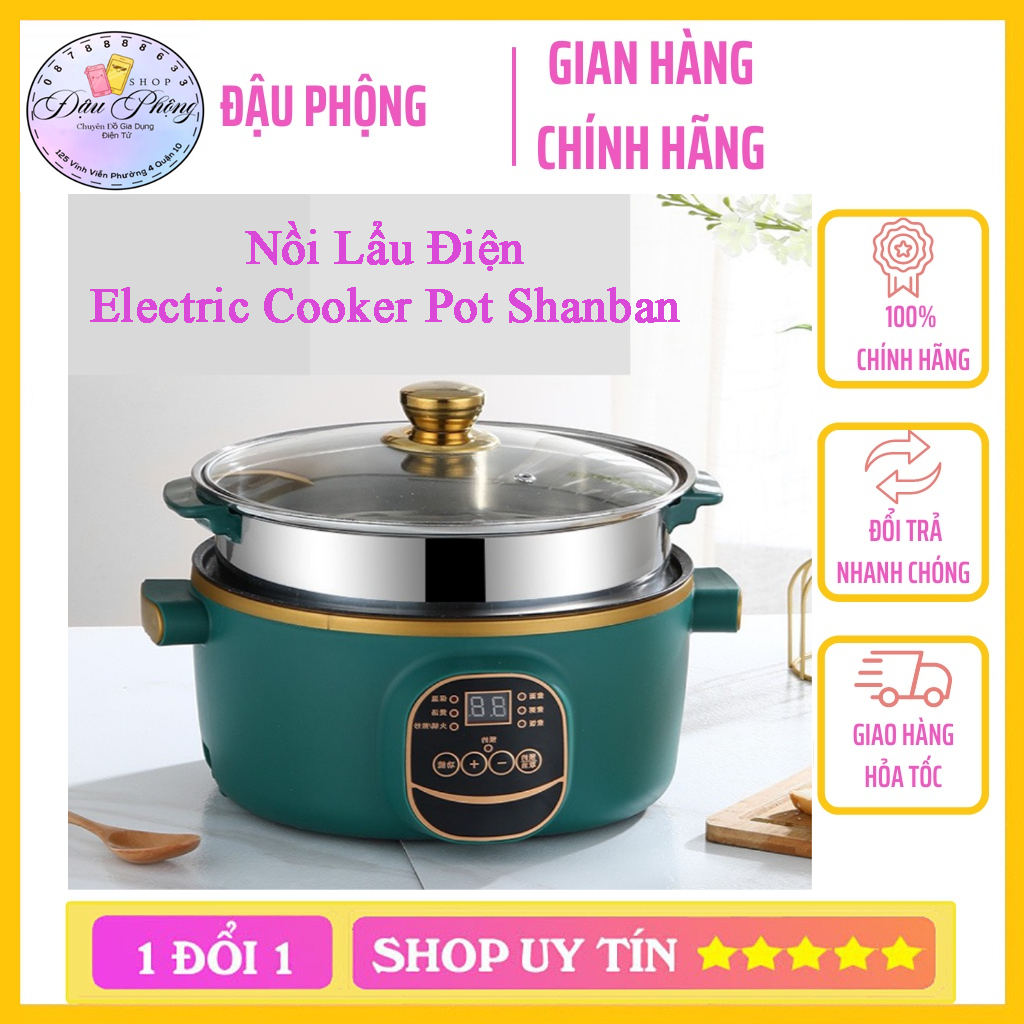 Nồi Lẩu Điện Đa Năng Electric Cooker Pot Shanban 24cm Kèm Hấp Inox - Nồi Lẩu Mini Kết Hợp Nồi Nấu 6 Chế Độ Nấu Cao Cấp