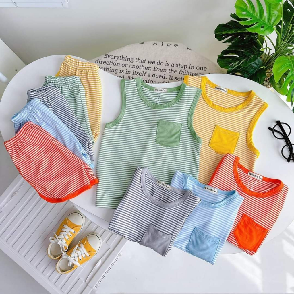 Bộ ba lỗ kẻ vải thun lạnh Minky mom cho bé trai, bé gái