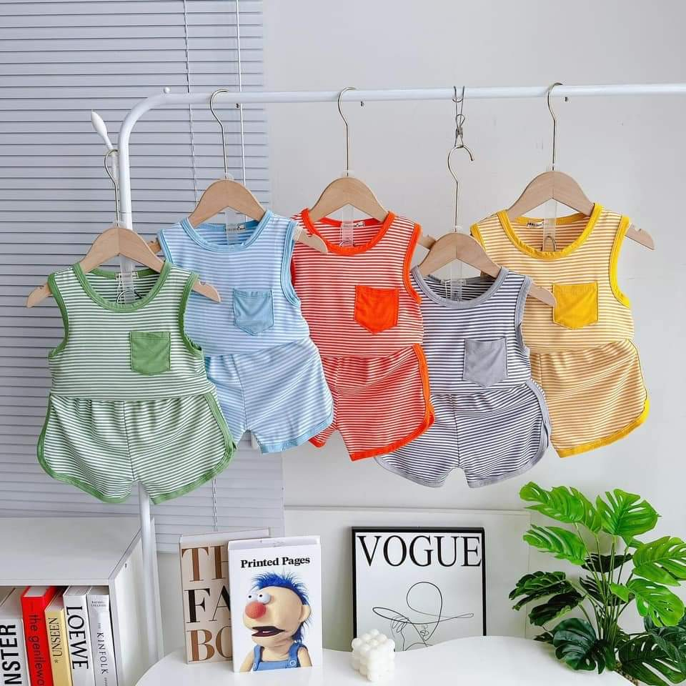 Bộ ba lỗ kẻ vải thun lạnh Minky mom cho bé trai, bé gái (7-18kg)