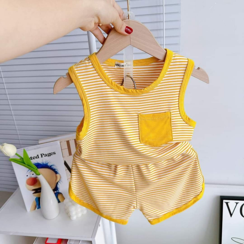 Bộ ba lỗ kẻ vải thun lạnh Minky mom cho bé trai, bé gái