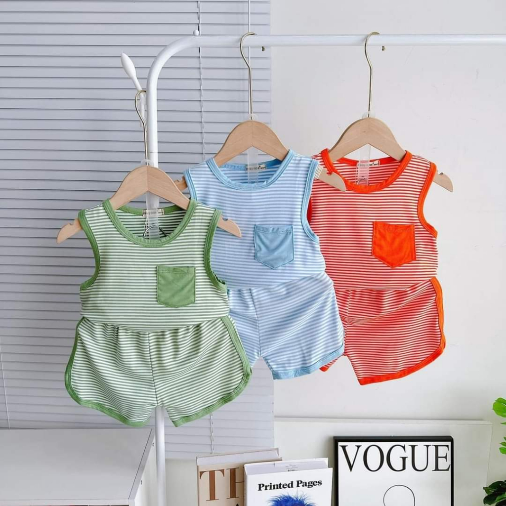 Bộ ba lỗ kẻ vải thun lạnh Minky mom cho bé trai, bé gái
