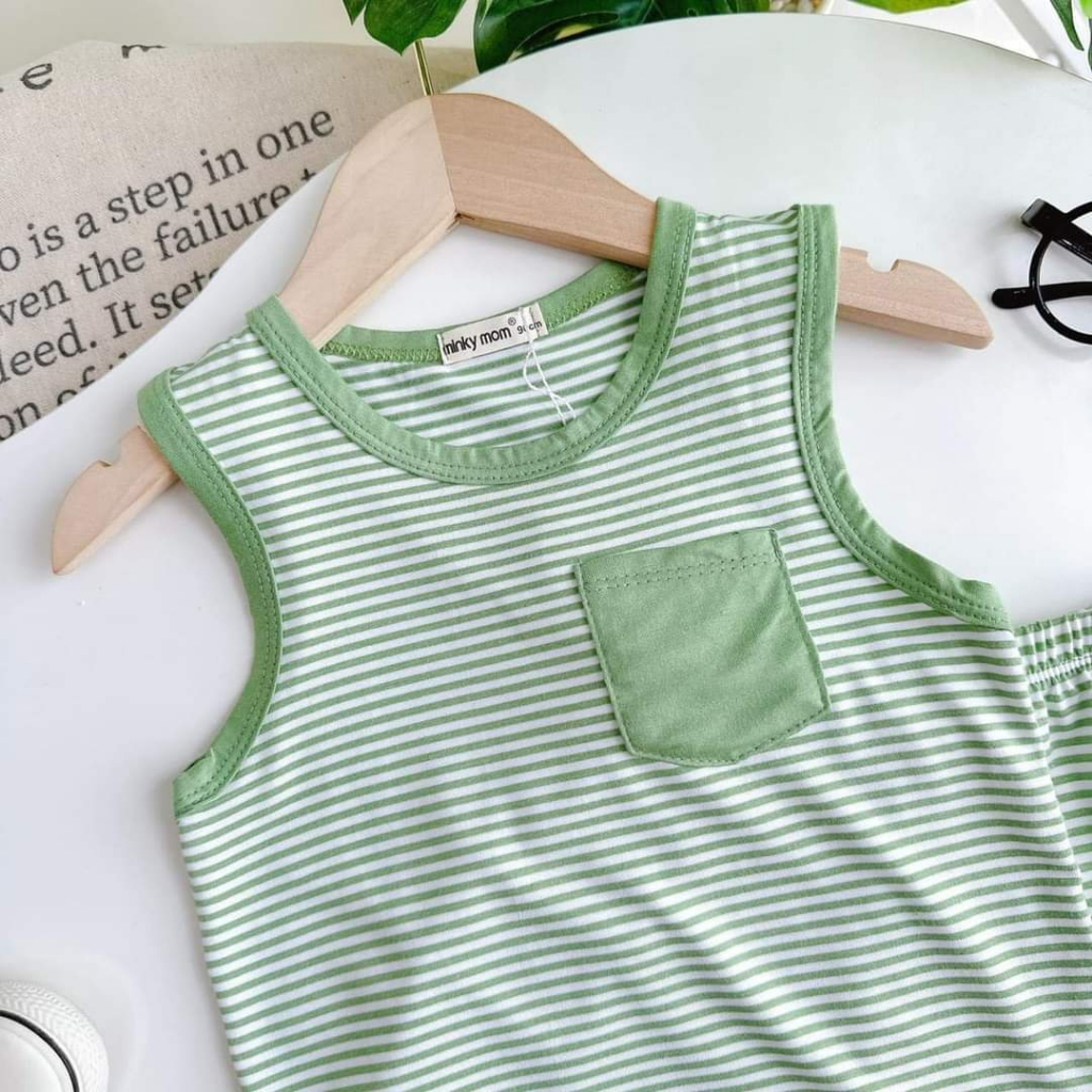 Bộ ba lỗ kẻ vải thun lạnh Minky mom cho bé trai, bé gái