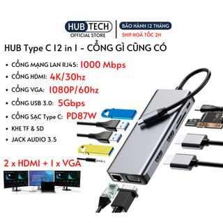 Hub type C 12 in 1 hỗ trợ xuất 3 màn hình với 2 cổng HDMI và 1 cổng VGA, RJ45 1000Mbps, Hub type C thunderbolt 3 /4