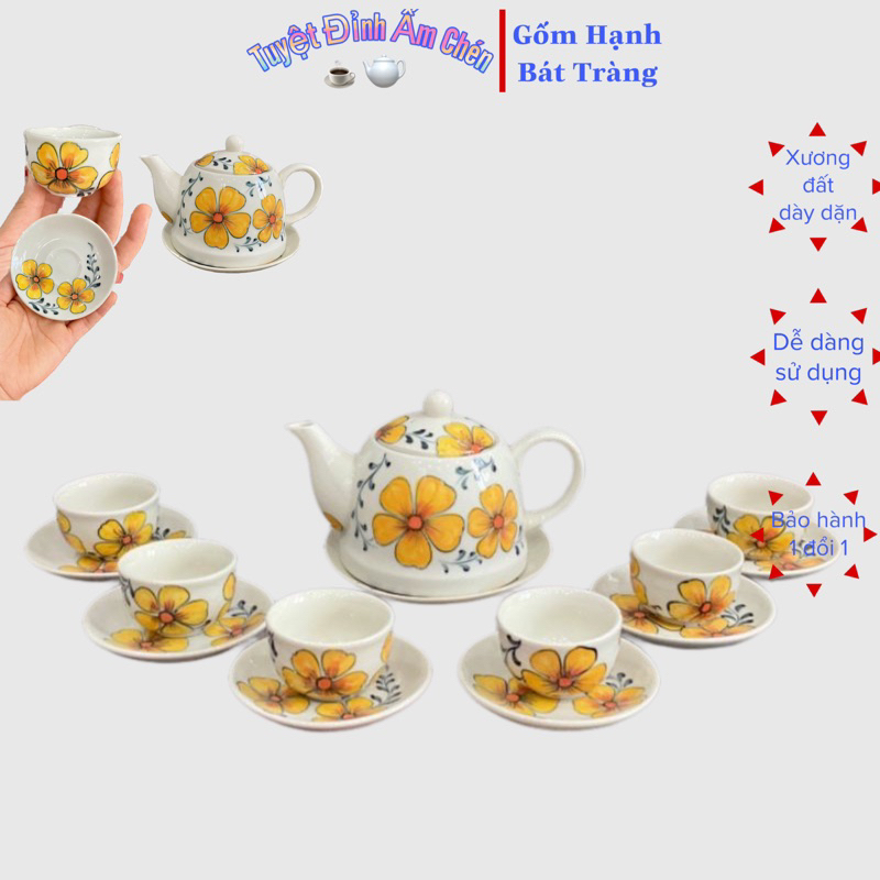 Bộ ấm chén Gốm Bát tràng vẽ hoa vàng 5 cánh cực đẹp quai sứ 400ml
