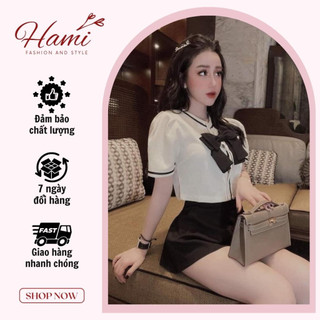 Set sơ mi nơ đen kèm chân váy ngắn thiết kế cao cấp Hami Fashion