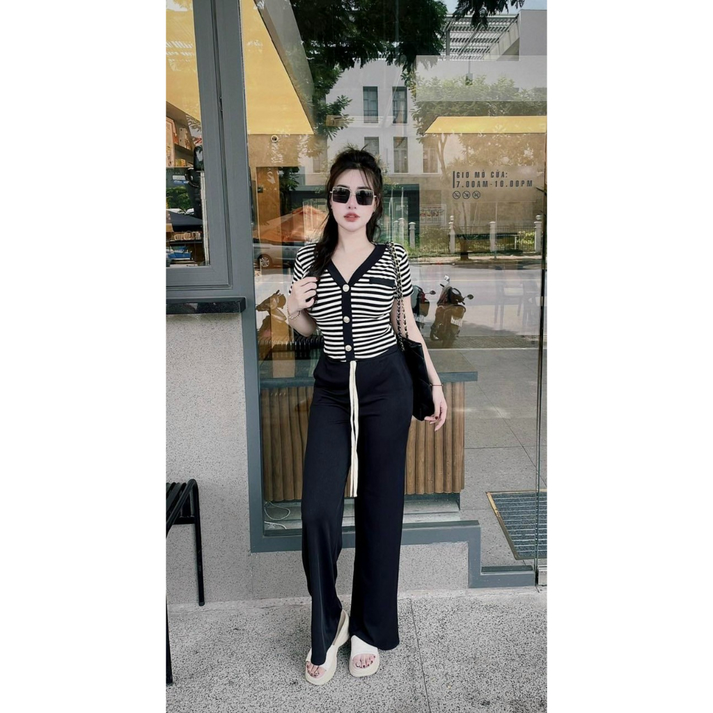 [5.5 Sales Freeship] Set áo thun kẻ sọc tay ngắn cổ v đính nút phối quần dài ống suông chất thun gân mặc thoải mái mtb