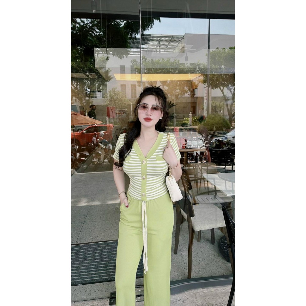 [5.5 Sales Freeship] Set áo thun kẻ sọc tay ngắn cổ v đính nút phối quần dài ống suông chất thun gân mặc thoải mái mtb