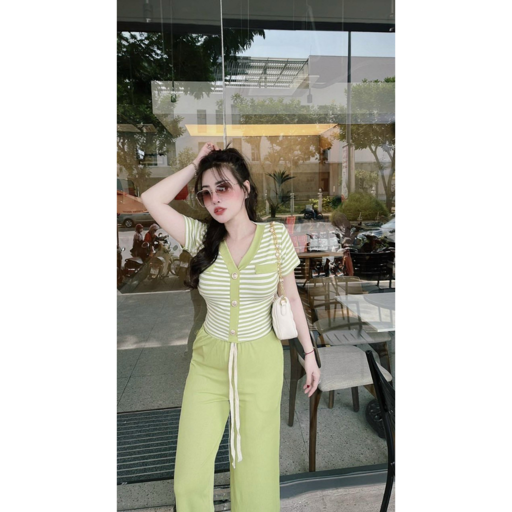 [5.5 Sales Freeship] Set áo thun kẻ sọc tay ngắn cổ v đính nút phối quần dài ống suông chất thun gân mặc thoải mái mtb