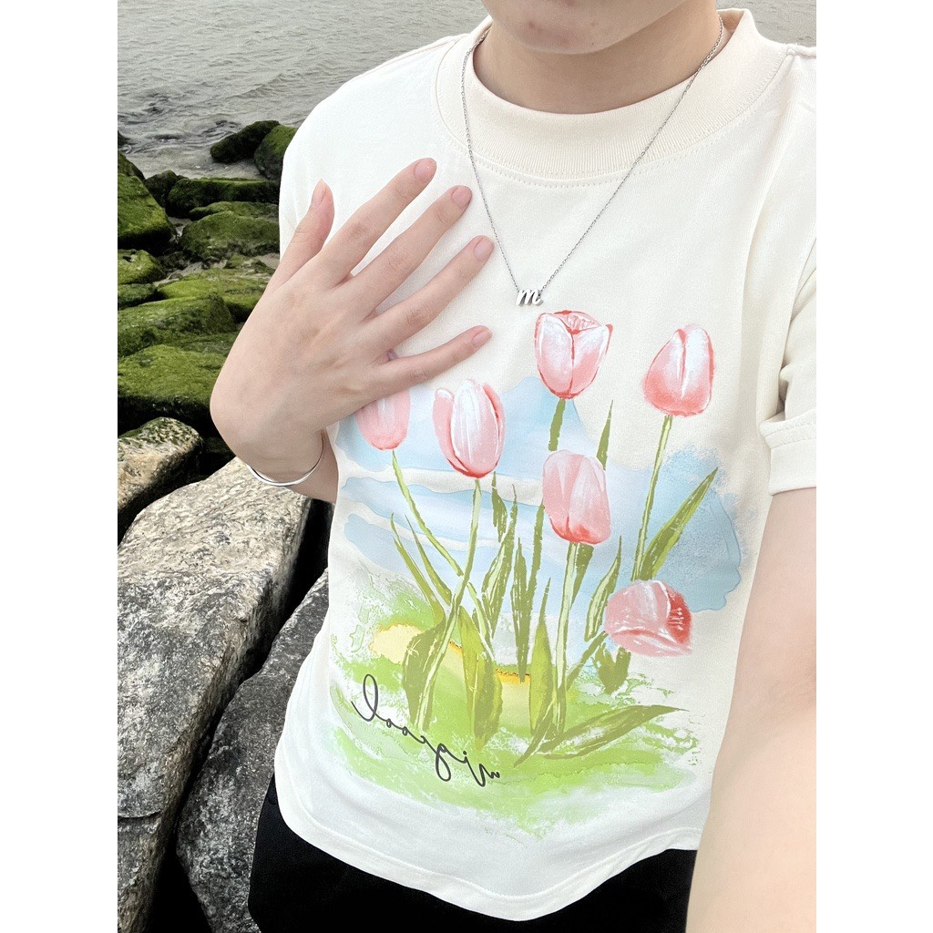 Áo phông babytee nữ, áo croptop hoa tuylip GREY 100% cotton phong cách Hàn quốc