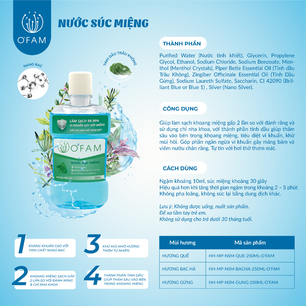 Nước súc miệng O'Fam 250ml ngừa viêm nướu, loại sạch mảng bám, mang lại hơi thở thơm mát tự nhiên