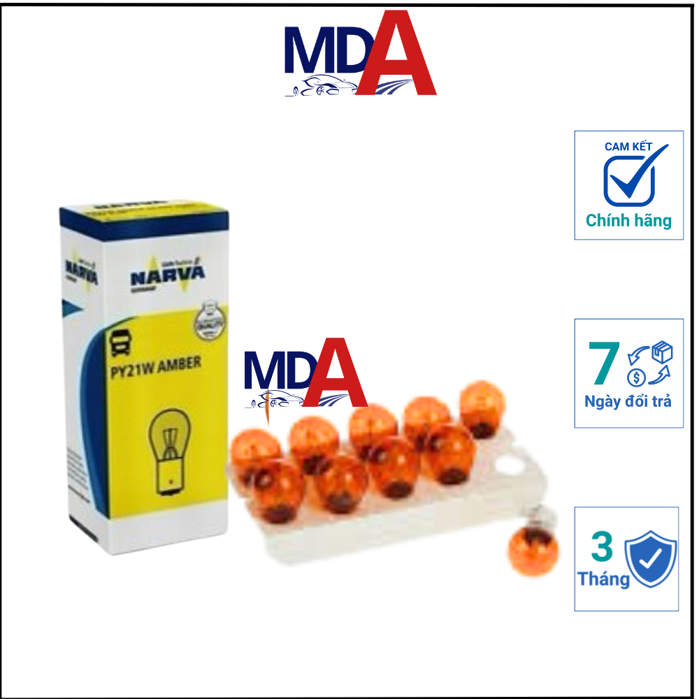Bóng đèn xi nhan chân cài, lệch 3/4 sứ vàng chuẩn zin theo xe, màu vàng PY21W 12V NARVA từ Đức