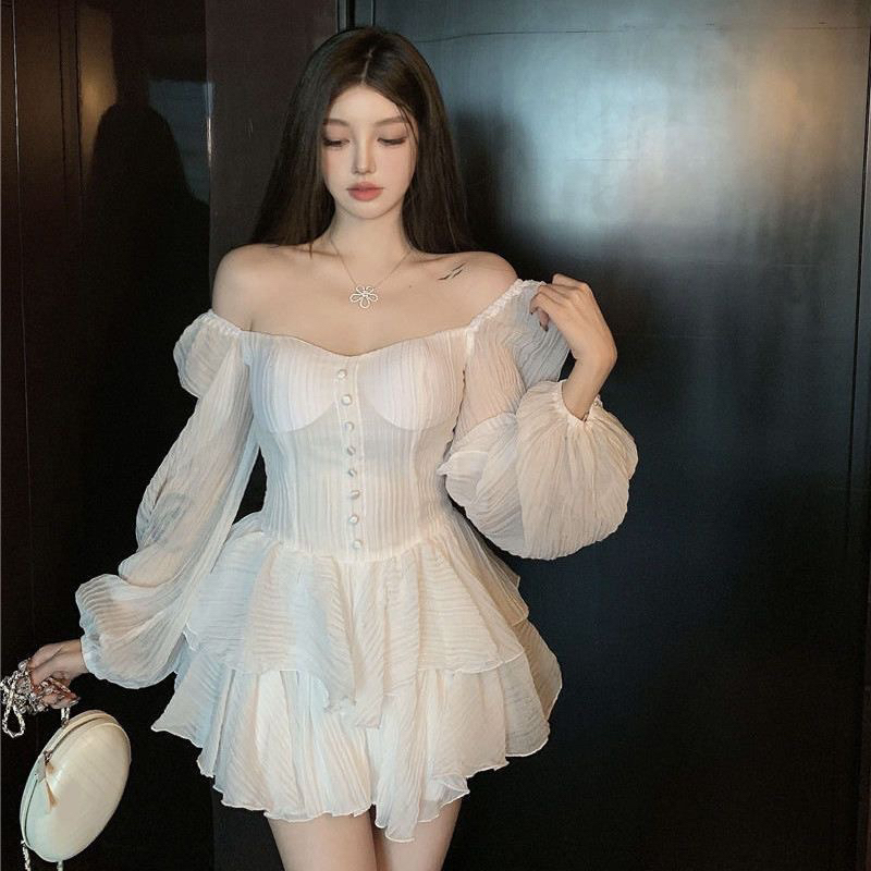 Váy Đũi Gân Cổ Vuông Đính Cúc Tay Bồng Tiểu Thư❤️