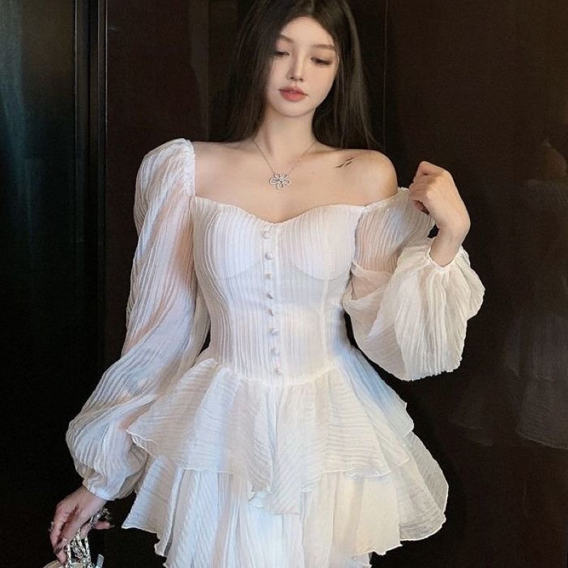 Váy Đũi Gân Cổ Vuông Đính Cúc Tay Bồng Tiểu Thư❤️