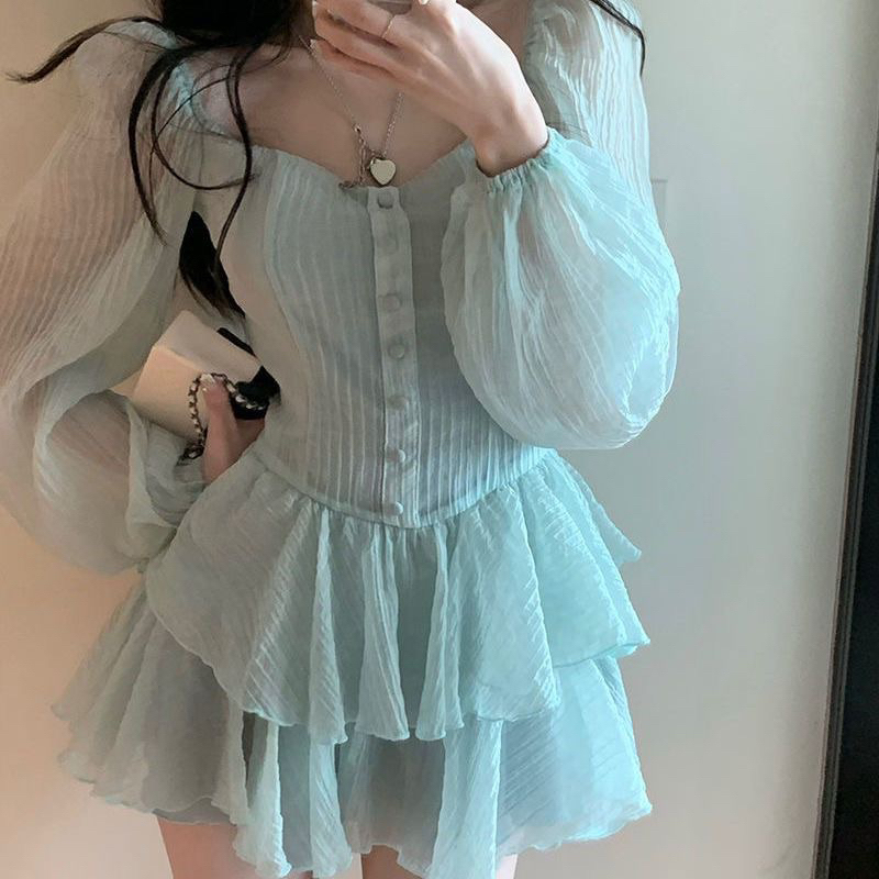 Váy Đũi Gân Cổ Vuông Đính Cúc Tay Bồng Tiểu Thư❤️