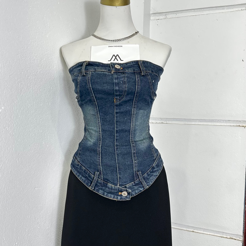 (A20) Áo ống jeans bò đậm vạt chéo bầu chất demin cao cấp co giãn 4c phong cách y2k đơn giản cá tính