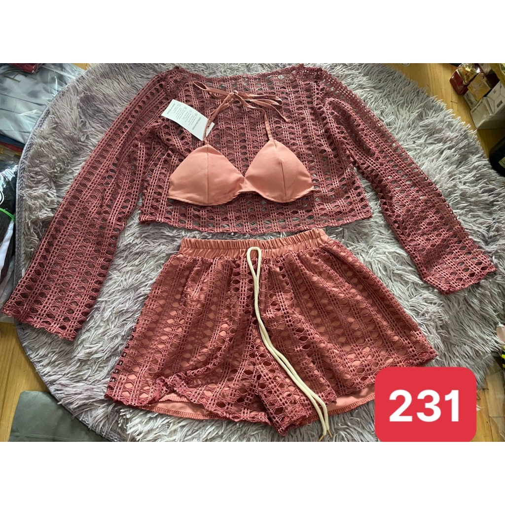 Set bikini ren 3 món đi biển - áo bra- quần sóc- áo choàng/MS012 MÃ231