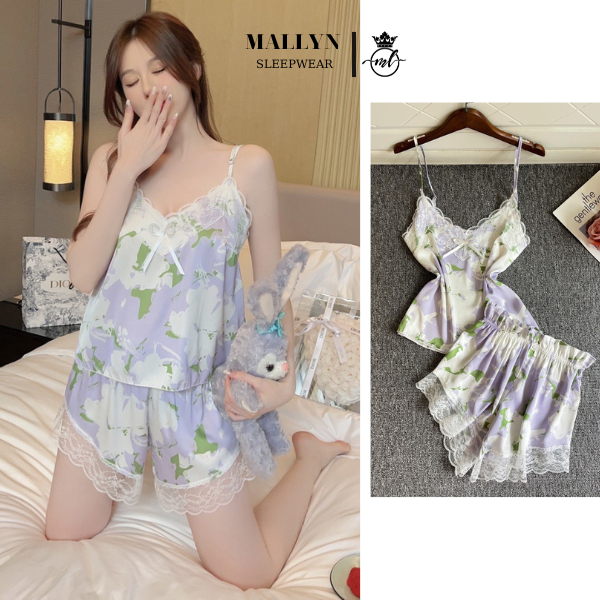 Bộ ngủ, đồ ngủ lụa 2 dây lụa mặc nhà nhiều mẫu, pijama MALLYN phối ren mát lạnh kín đáo .
