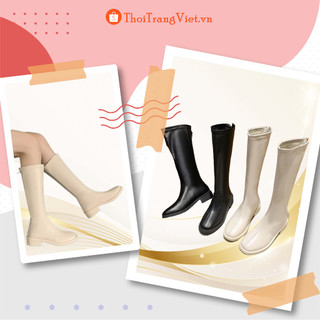 Bốt đùi nữ chất da mềm đế cao 3cm , Bốt nữ cổ cao thời trang hè thu ôm chân hai màu kem đen