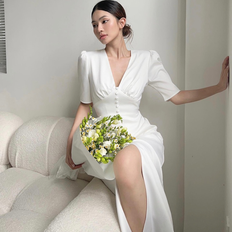 NICOLA DRESS/ ĐẦM LỤA MIDI TAY NGẮN XẺ NGỰC ĐÍNH NÚT THANH LỊCH SANG TRỌNG (nhận may theo số đo)