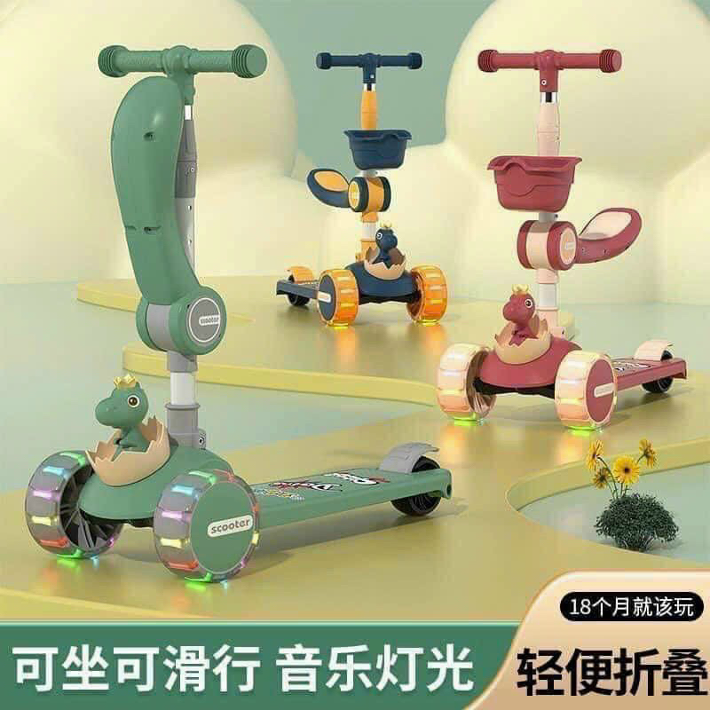 Xe trượt Scotter cho bé hình chú khủng long, xe 3 bánh phát nhạc có đèn kèm ghế ngồi