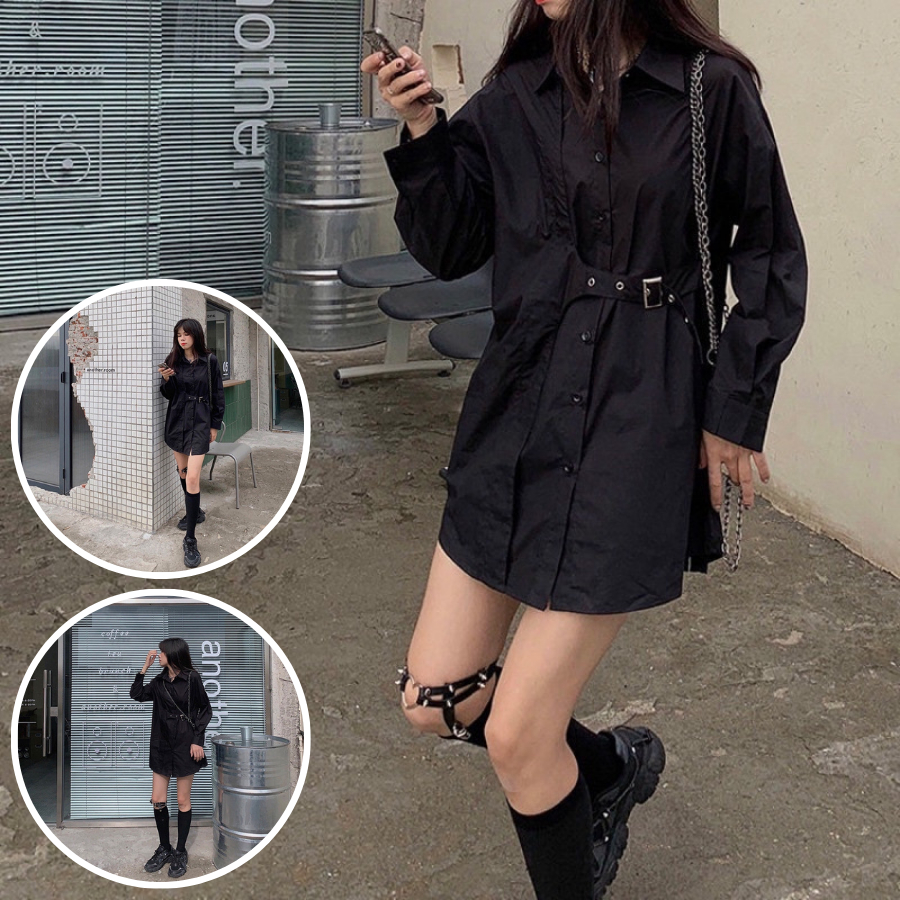 Áo Sơ Mi Dài Tay Form Rộng Phối Đai Thắt Street Style [HÌNH THẬT]