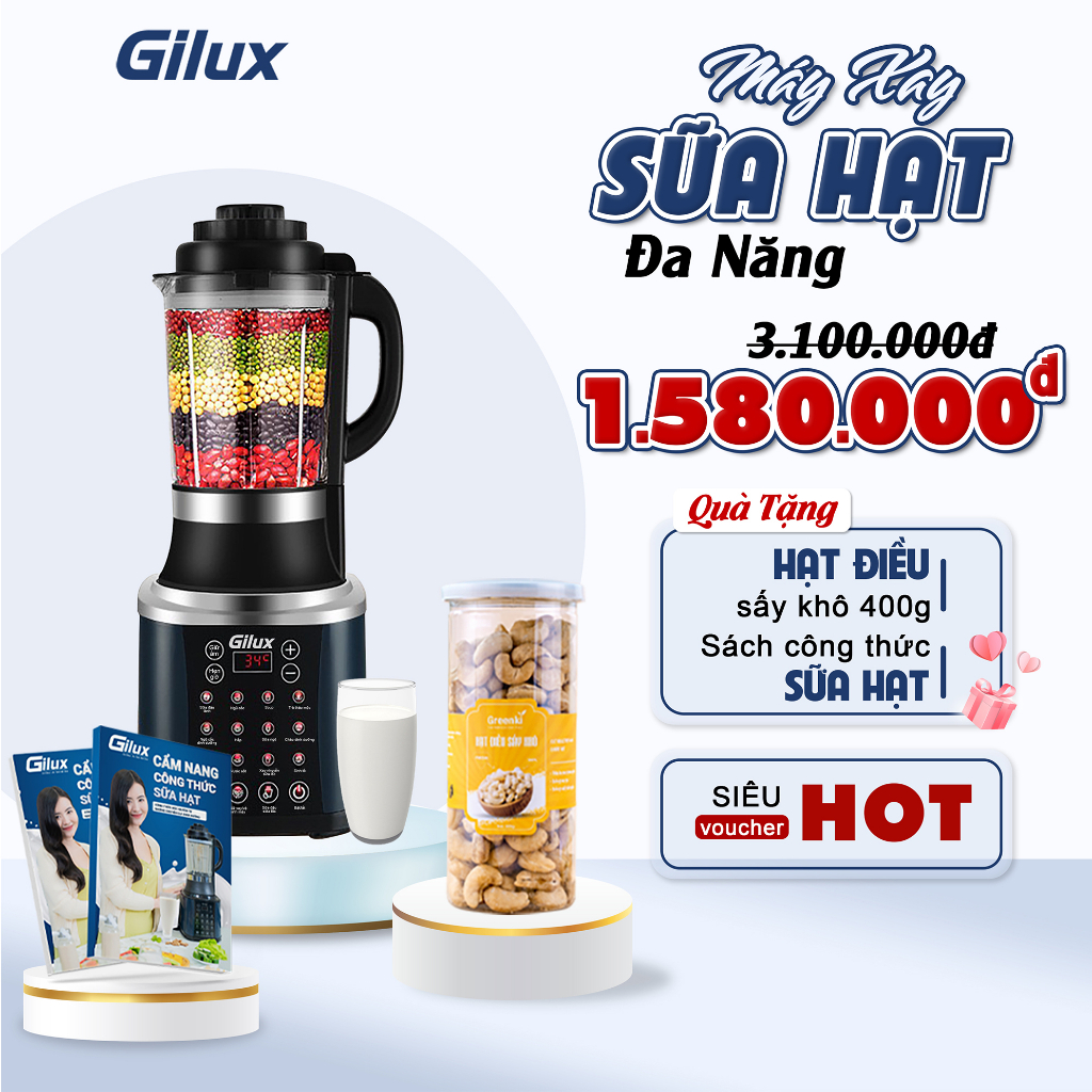 Máy làm sữa hạt đa năng Gilux 14in1 tặng kèm sách công thức sữa hạt + hộp điều sữa 400g cao cấp