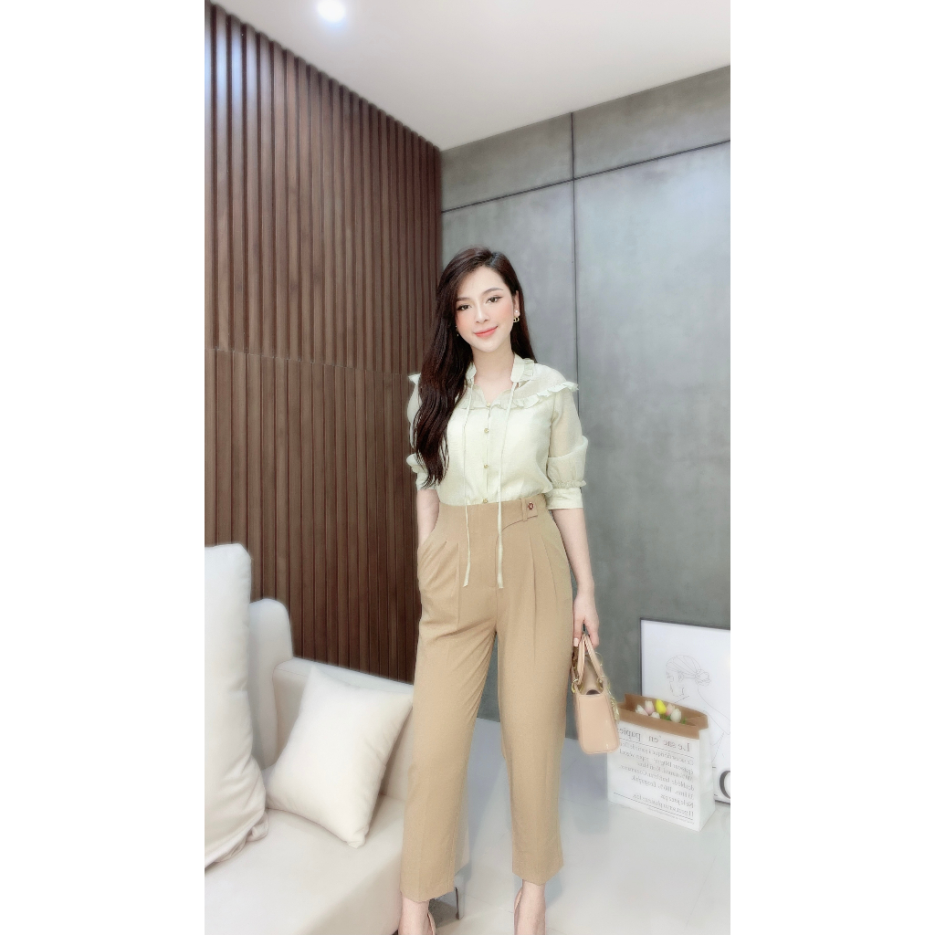 Quần baggy nữ màu Nâu Be Cạp Chéo form công sở tôn dáng Liin Clothing Q3444