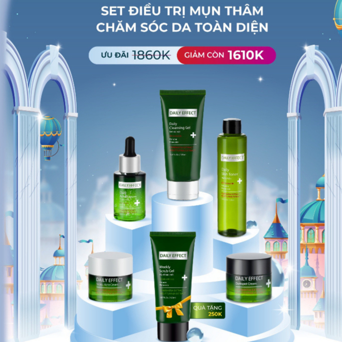 Combo Set 6 sản phẩm DAILY EFFECT Kem Chấm Mụn Gel Tẩy Tế Bào Chết Sữa Rửa Mặt Nước Hoa Hồng Serum Dưỡng