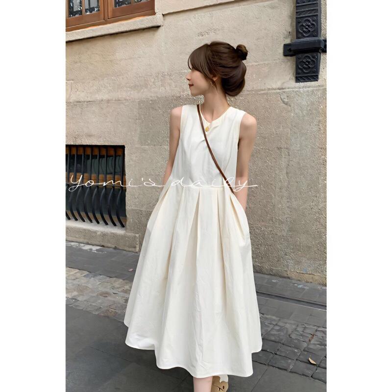Váy xoe basic tiểu thư màu trắng dáng dài liền thân chất liệu thoải mái mát mẻ hàng quảng châu Yame clothing