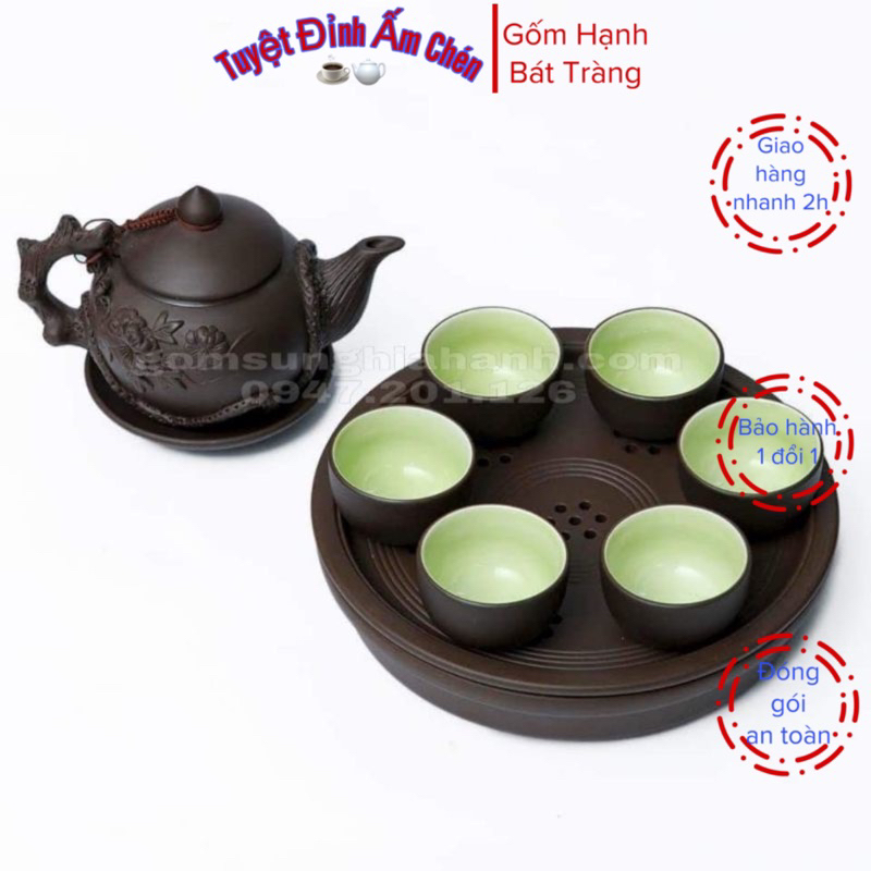 BỘ ẤM CHÉN GỐM BÁT TRÀNG TỬ SA ĐEN KHAY 2 TẦNG ẤM ĐẮP NỔI 400ML SIÊU ĐẸP