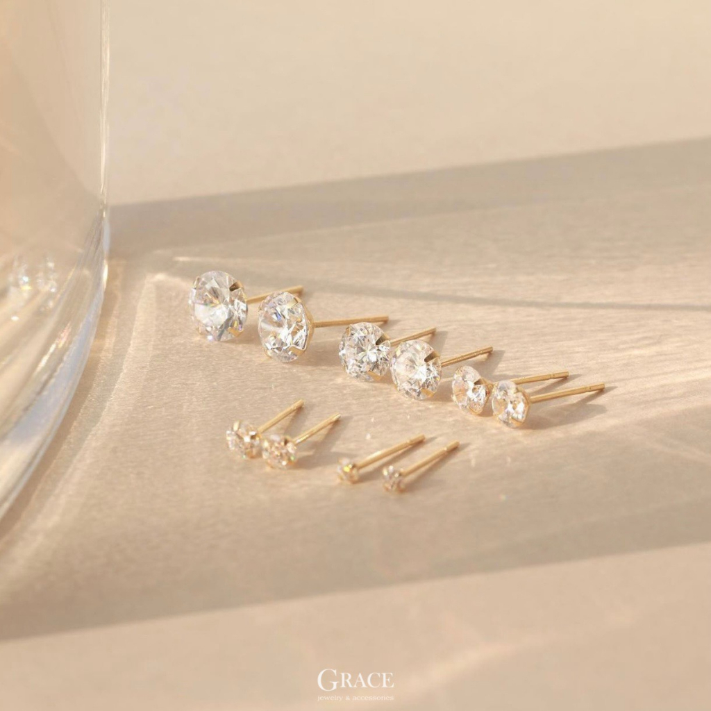 Khuyên tai đá tròn trắng Vàng 14K - Các cỡ 2-3-4-5-6-7-8mm (Chiếc) - Grace Jewelry
