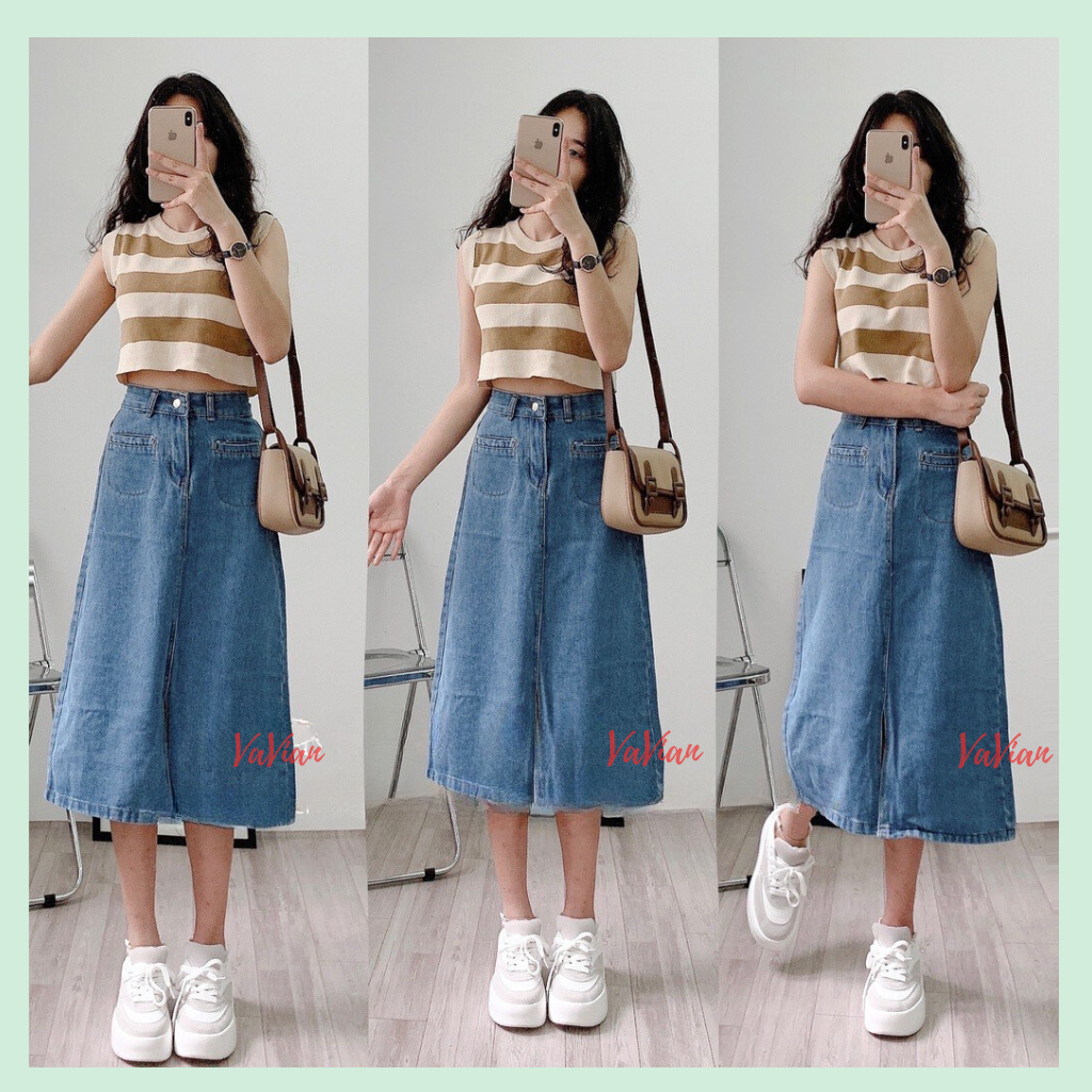 Chân váy jean, váy bò dáng dài Midi, chân váy jean xẻ tà trước, thiết kế 2 túi ngang siêu cá tính | BigBuy360 - bigbuy360.vn