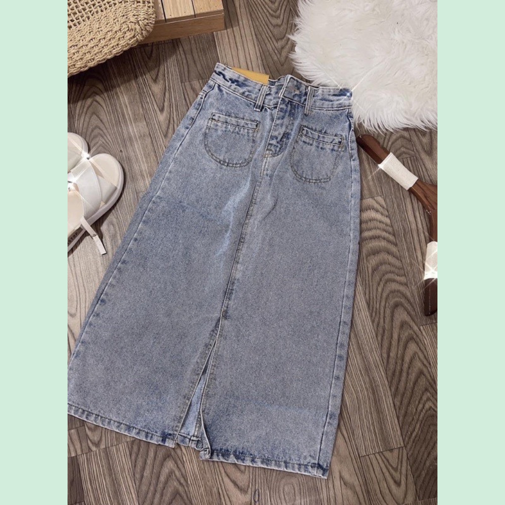 Chân váy jean, váy bò dáng dài Midi, chân váy jean xẻ tà trước, thiết kế 2 túi ngang siêu cá tính | BigBuy360 - bigbuy360.vn