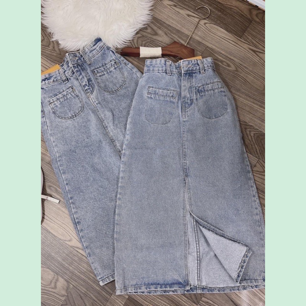 Chân váy jean, váy bò dáng dài Midi, chân váy jean xẻ tà trước, thiết kế 2 túi ngang siêu cá tính | BigBuy360 - bigbuy360.vn