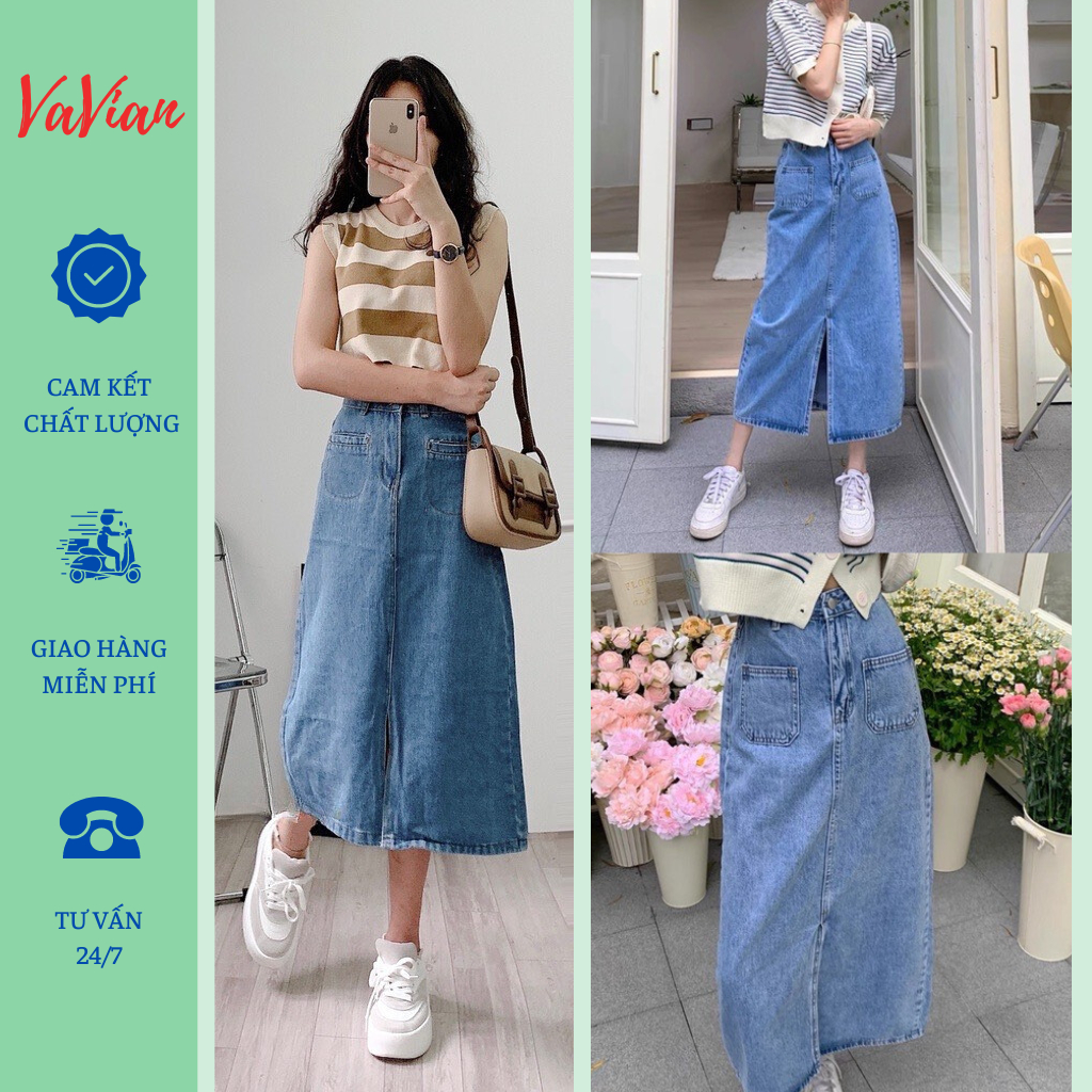 Chân váy jean, váy bò dáng dài Midi, chân váy jean xẻ tà trước, thiết kế 2 túi ngang siêu cá tính | BigBuy360 - bigbuy360.vn