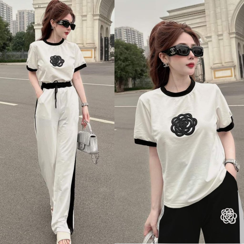 Đồ bộ thun nữ bigsize quần dài đi chơi mùa hè đẹp cổ tròn tay ngắn form quần suông thêu hoa DOBOSI D1D