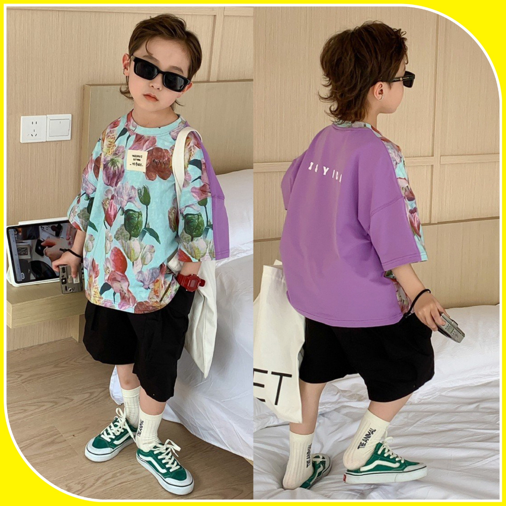 Áo thun cộc tay bé trai hoa lá A293 size 100-150, áo phông trẻ em quảng châu cao cấp