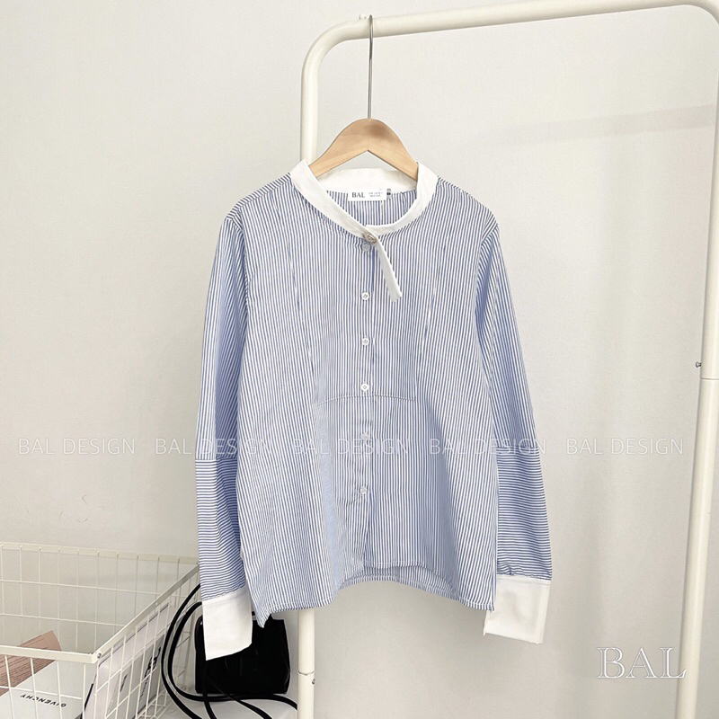 Áo sơ mi kẻ xanh phối cổ , Áo  sơ mi dài tay phong cách hàn quốc / ginastore
