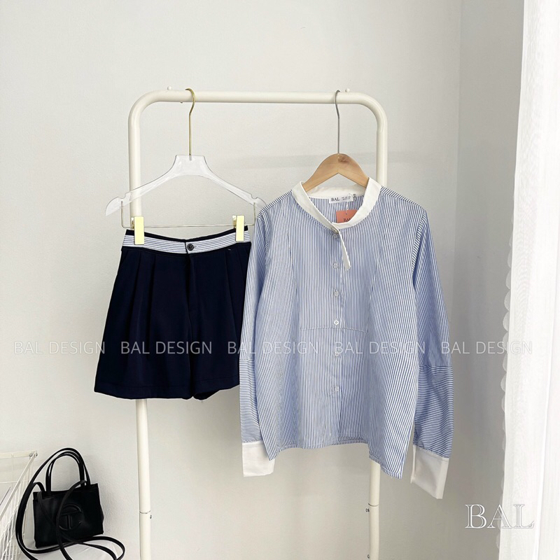 Áo sơ mi kẻ xanh phối cổ , Áo  sơ mi dài tay phong cách hàn quốc / ginastore