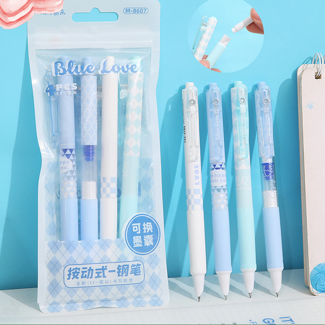 Set 4 bút Mura Blue Love ngòi hero máy có sẵn ống mực