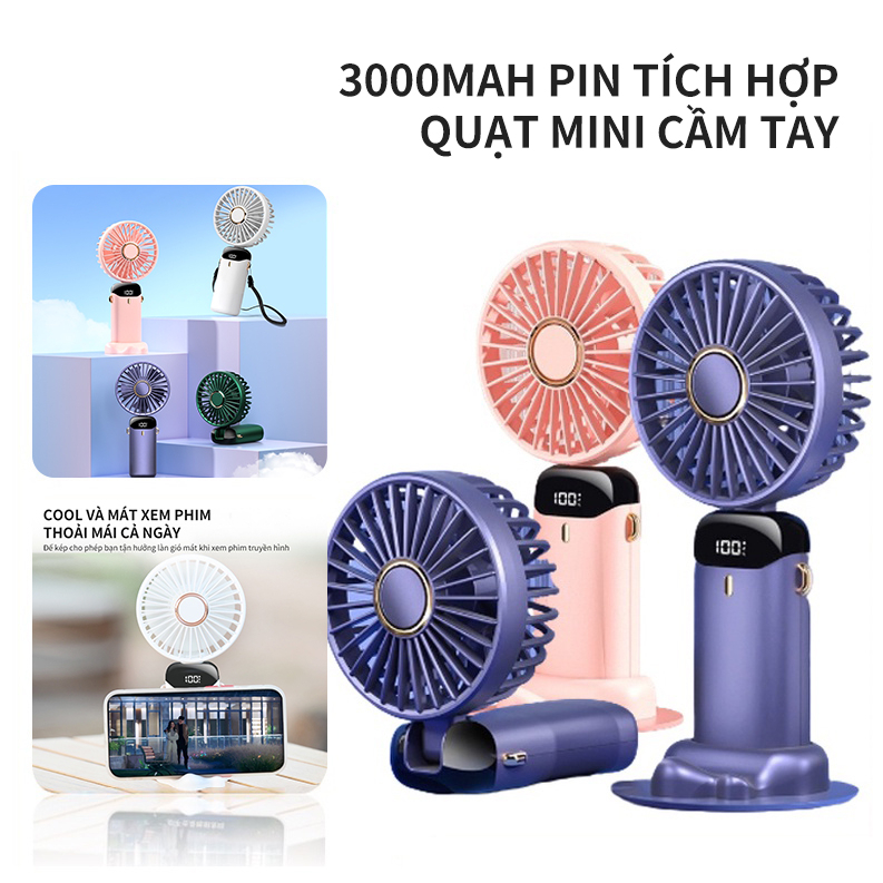 Quạt Mini Goojodoq 3000MAh Di Động 5 Tốc Độ Cầm Tay Nhân Vật Màn Hình LED Hiển Thị Có Thể Gập Lại