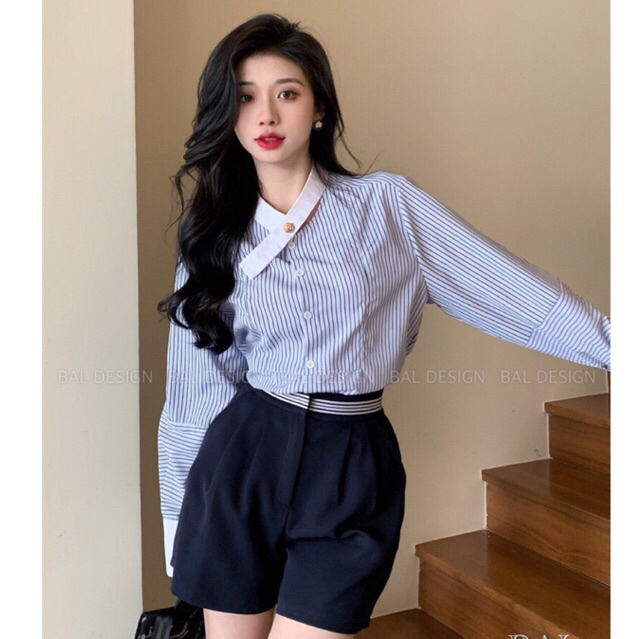 Áo sơ mi kẻ xanh phối cổ , Áo  sơ mi dài tay phong cách hàn quốc / ginastore