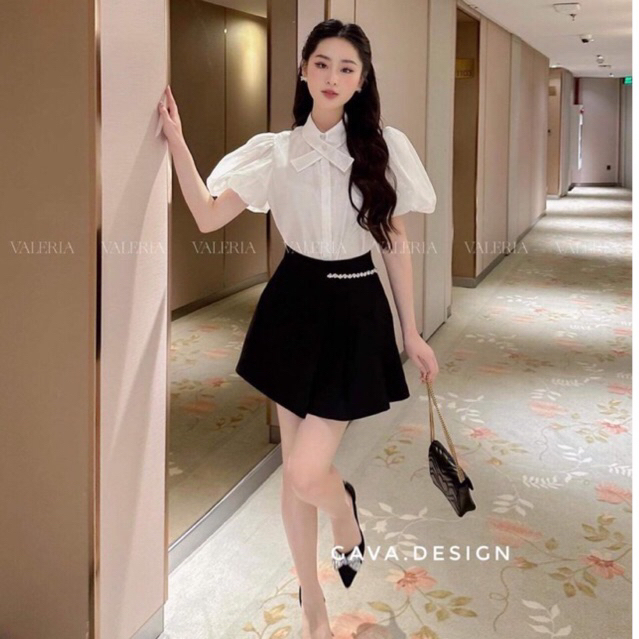 Áo sơ mi kiểu nữ bánh bèo , Áo sơ mi cổ vát đính đá cộc tay phồng / Ginastore