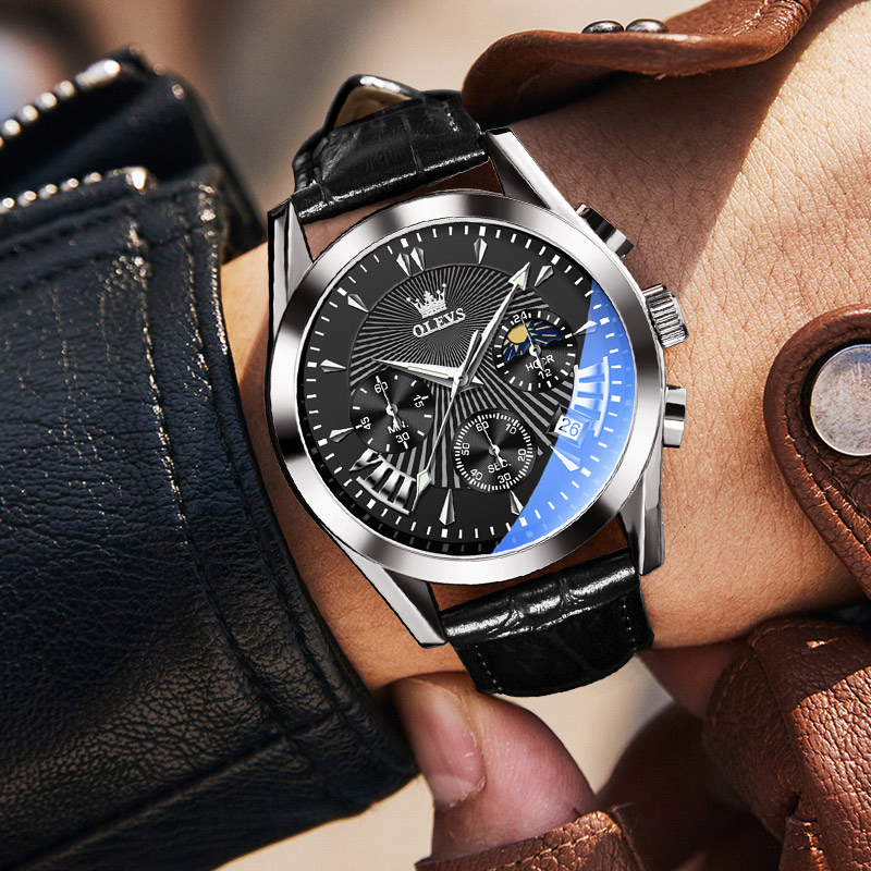 OLEVS Đồng hồ nam chính hãng dây da bò Chống thấm nước sâu hiệu ứng phát sáng 2876