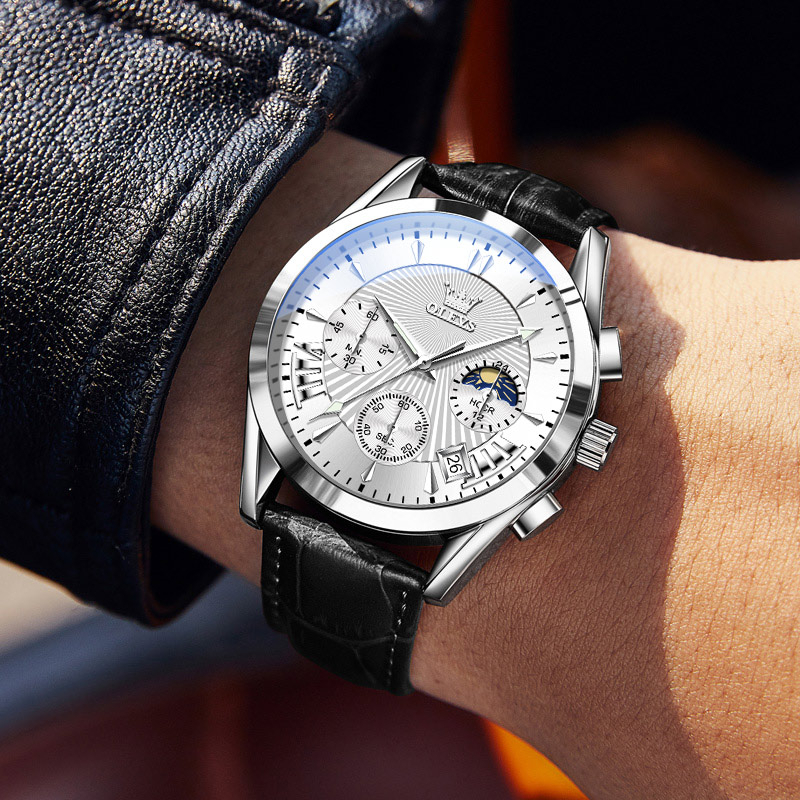 OLEVS Đồng hồ nam chính hãng dây da bò Chống thấm nước sâu hiệu ứng phát sáng 2876