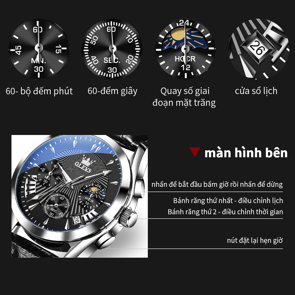 OLEVS Đồng hồ nam chính hãng dây da bò Chống thấm nước sâu hiệu ứng phát sáng 2876