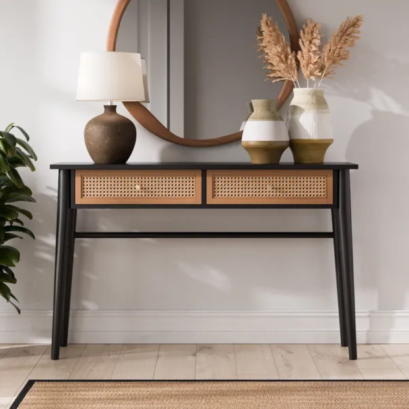 (FREESHIP HN)Kệ tủ console 2 ngăn kéo chất liệu gỗ tự nhiên và mây đan cao cấp decor phòng khách, homestay - FOXHOMEVN