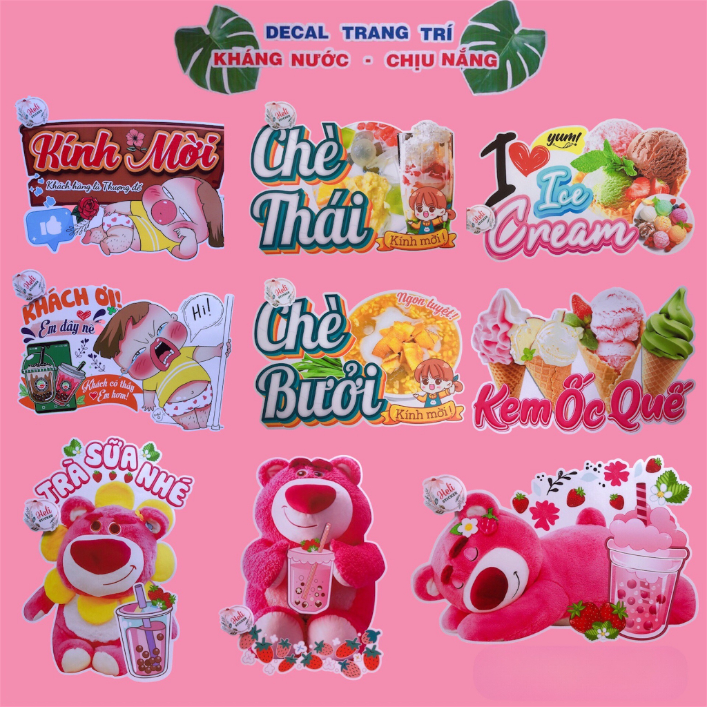 Decal Trang Trí Quán QUỲNH AKA, GẤU DÂU Các Loại ✨ Hình Dán Trà Sữa, Kem, Chè Thái, Chè Bưởi, Tàu Hủ, Chè Khúc Bạch...