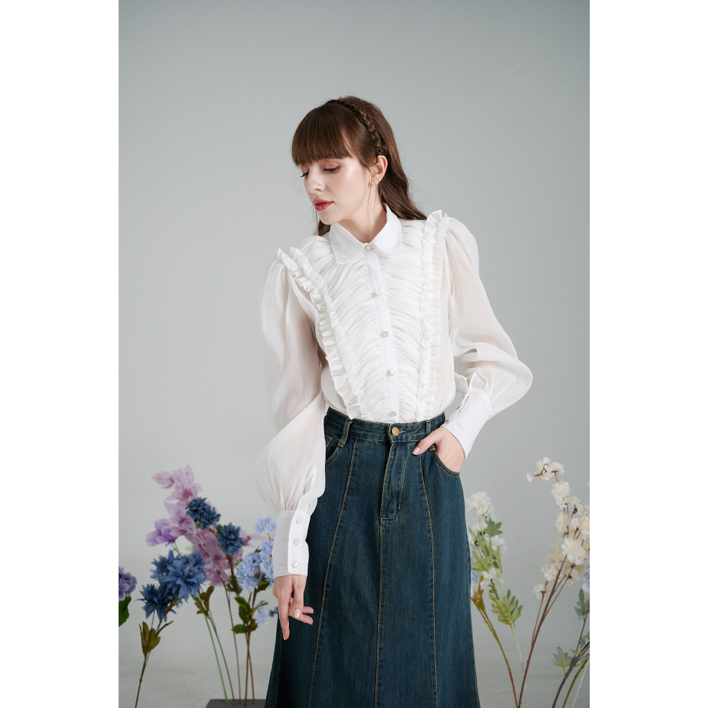Saralee Shirt - Áo sơ mi nữ trắng tơ vân nhúm bèo